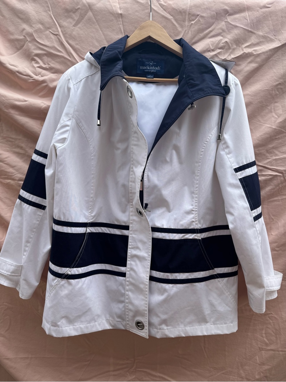 Mackintosh White & Navy Striped Hooded Trench Coat